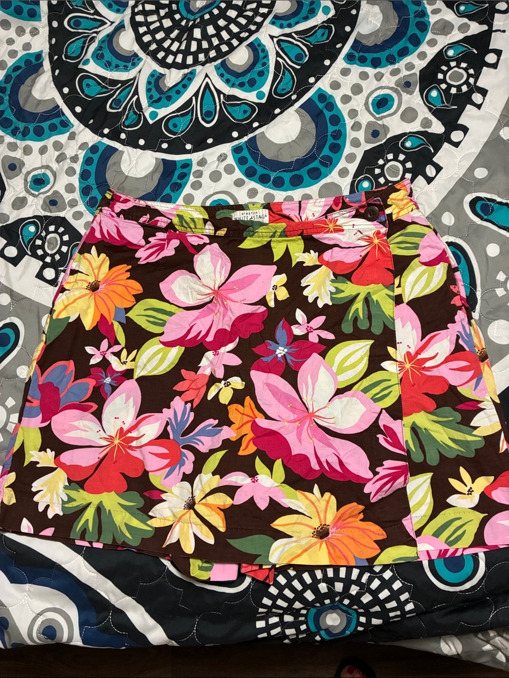 White Stag Brown Floral Mini Skirt with Pink & Orange Blooms